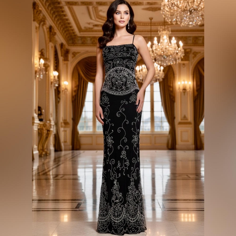 Elegant Black & white hand beaded‎ Attitudes by Debra Evening Gown